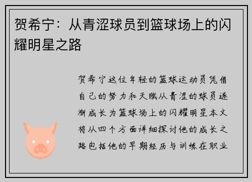 贺希宁：从青涩球员到篮球场上的闪耀明星之路